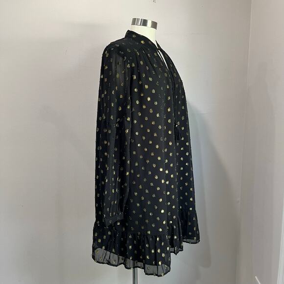 Crown & Ivy Black & Gold Clip Dot Long Sleeve Mini Dress Size L - Picture 2 of 8